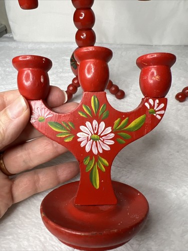 Lot 3 Swedish Candelabra Wood Red w/Flowers Vintage Mid Century Made Sweden - Picture 2 of 22