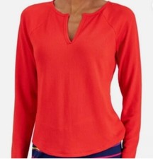 Jenni Women's L Split-Neck Ribbed Long Sleeve Knit Pajama Top Papaya Punch