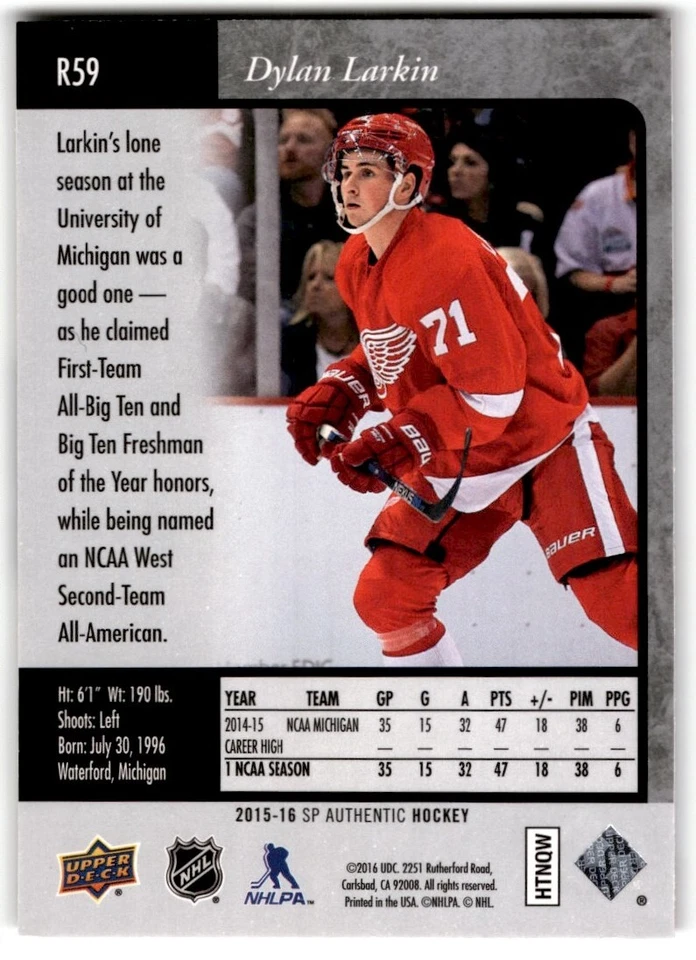 Dylan Larkin 2015-16 SP Authentic 1995-96 Retro Rookie #R59 Detroit Red Wings - Image 2 of 2