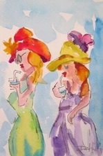 Delilah Art watercolor collectible original impressionism  figurative girl drink