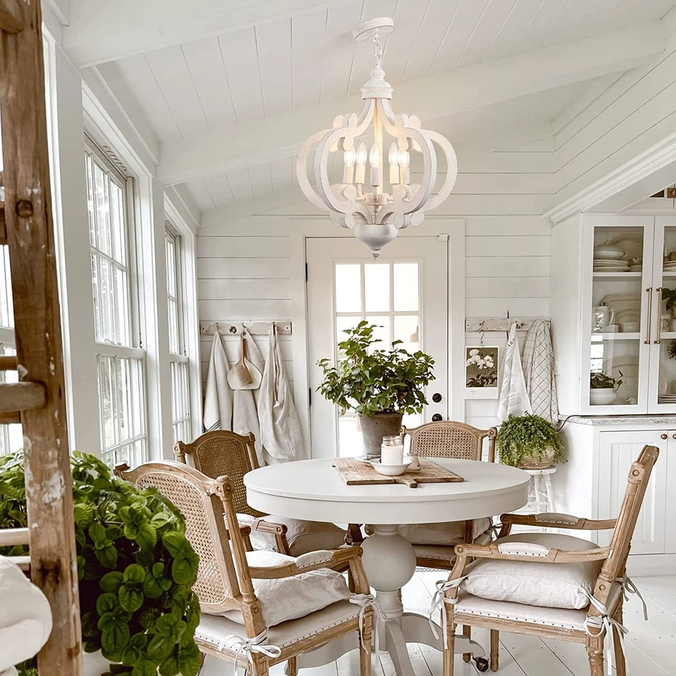 Lámpara de araña de madera vintage de campo francés colgante lámpara blanca iluminación hogar Foto 4 de 4