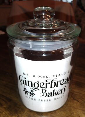 Mr. & Mrs. Claus s Gingerbread Bakery Clear Glass Lidded Jar Cookies or Pastries