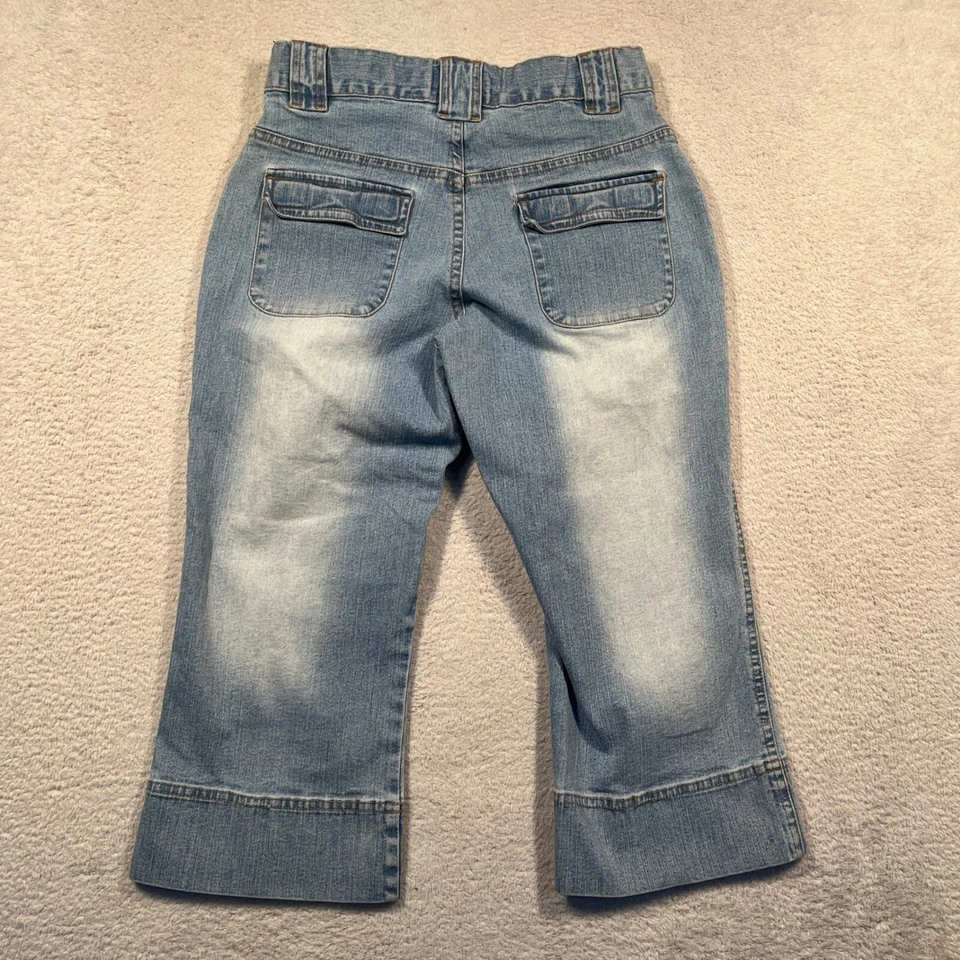 Винтажный Y2K старый темно-синий джинсы Capri эластичной джинсовой ткани девочки размер 14 2002 широкие ноги - Изображение 2 из 4