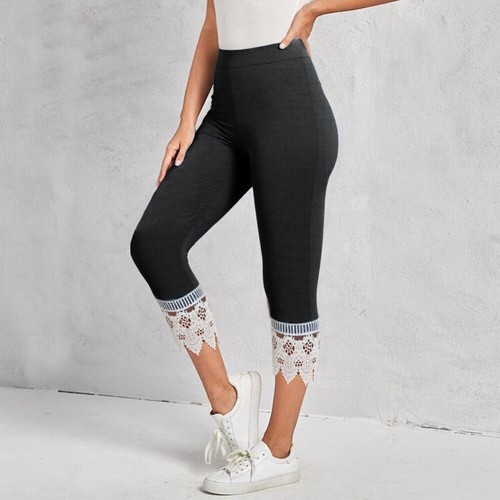Womens Lace Stretch 3/4 Capri Pants Ladies Cropped Sports Leggings Trousers 6-16 - Picture 15 of 18
