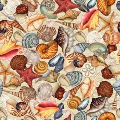 QT Endless Blues by Morris Creative Group 30045 E Cream Packed Seashells Cotton