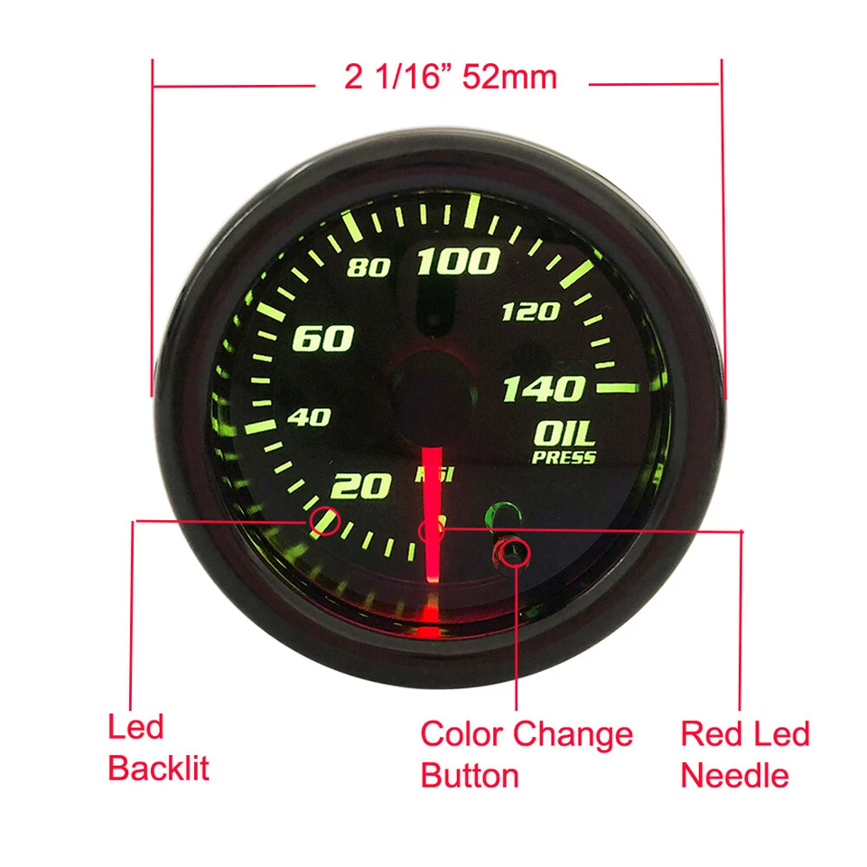 2'' 52mm 7 Color LED Oil Pressure Gauge Meter W/Sensor 0-140 PSI wire 56cm - Image 4 of 4