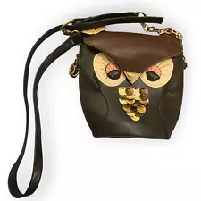 Owl Purse Messenger Handbag Black & Brown Embellished Adjustable Strap