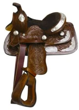 Fully Tooled Miniature Horse/Pony Show Saddle with Engraved Silver Pieces 8" NEW