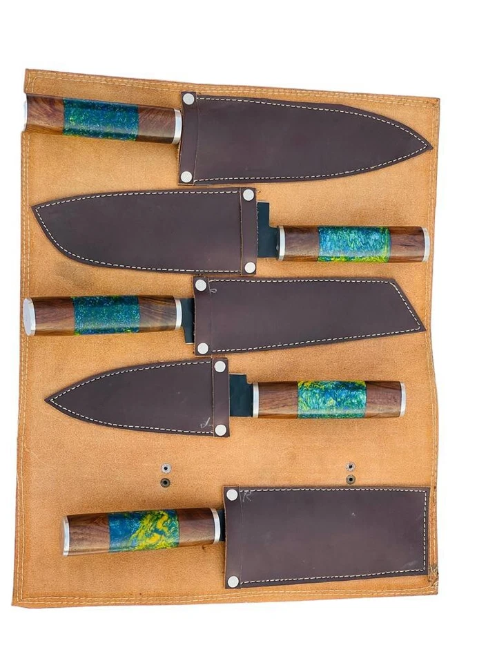 CUSTOM DAMASCUS STEEL 5 PCS forged  CHEF KNIFE SET WITH LEATHER ROLL BAG - Image 3 of 3