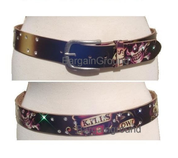 New Rhinestone Tattoo Print Leather Stud Buckle Belt XL #3685 | eBay
