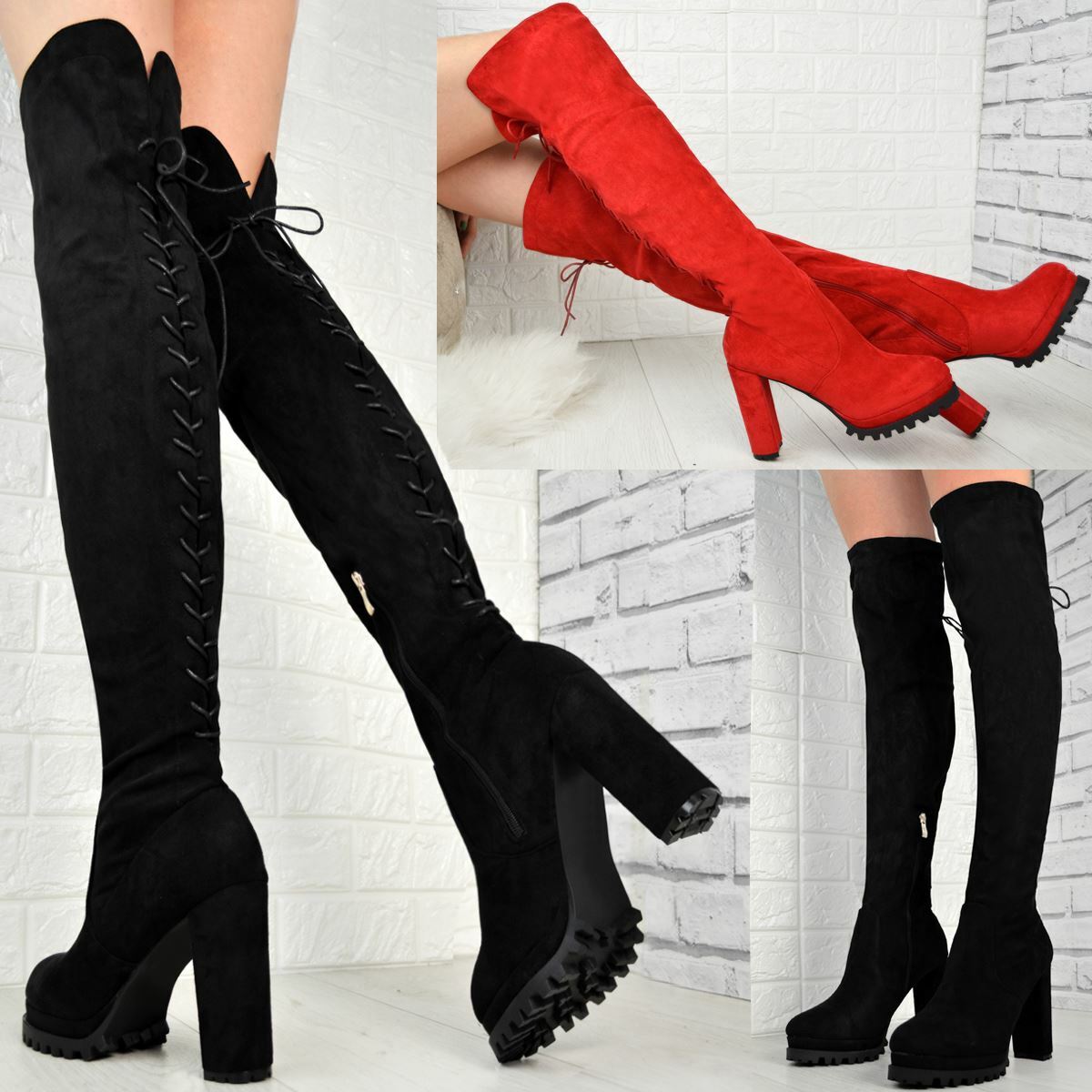 Knee Block Heel Platform Boots Lace 