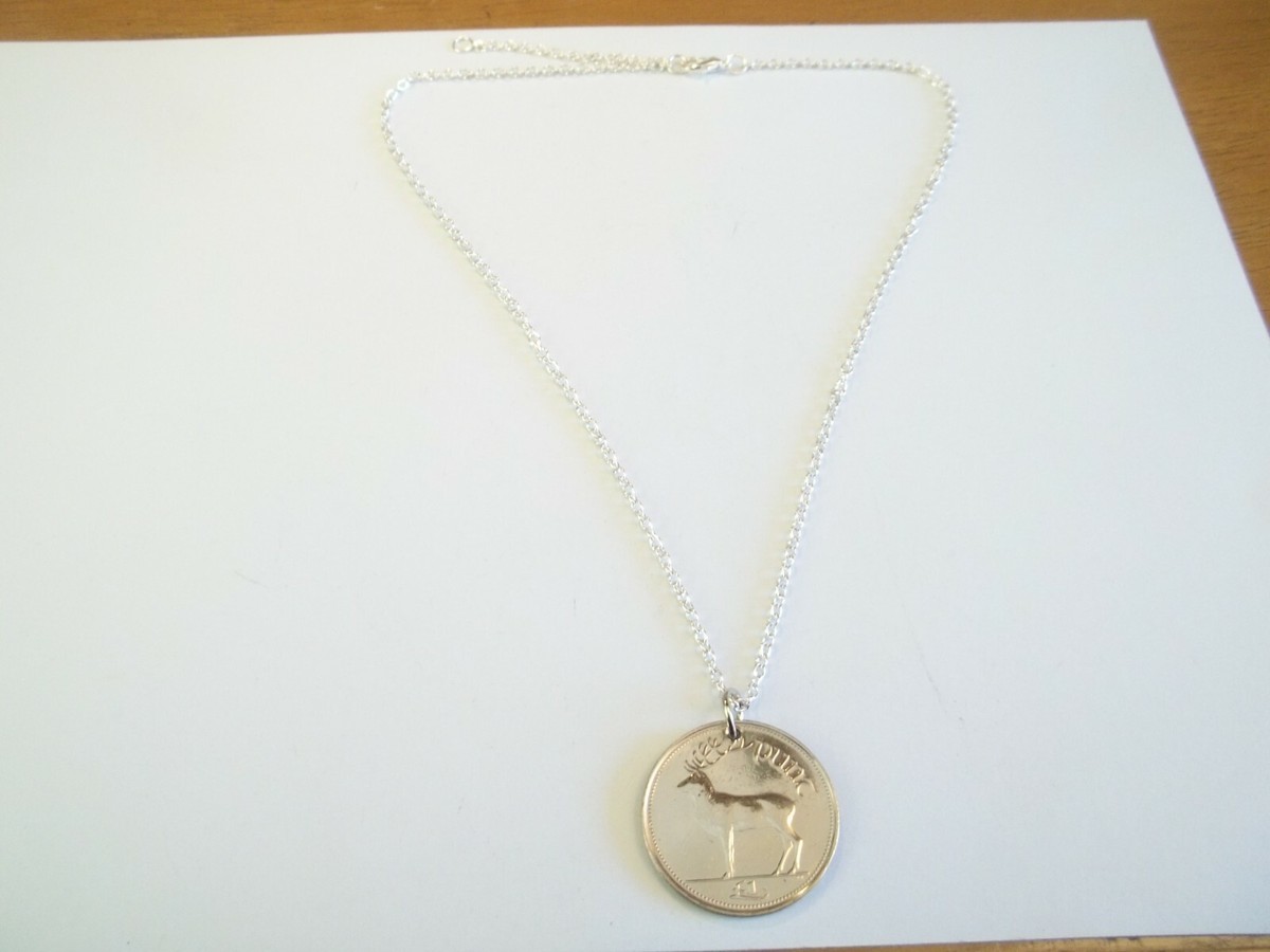 Collana Ciondolo Moneta Irlandese 1990 - Arpa E Cervo - Fatta A Mano