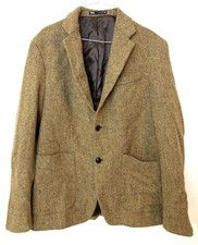 Zara Brown Herringbone Tweed Blazer 2 Button Closure Patch Pockets Large Wool