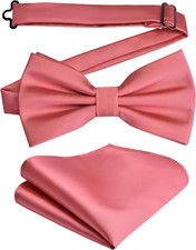 Mens Solid Color Double Fold Pre-tied Bow Tie and Pocket Square Set