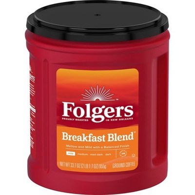 33.7 oz Folgers Breakfast Blend Coffee, Smooth Mild Ground Coffee Daily Drink