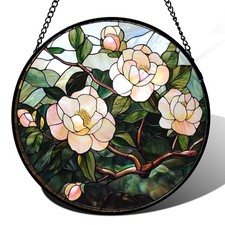 Stained Glass Suncatcher, Light Pink Flowers Leaf Sun Catcher 7.8x7.8 IN Green