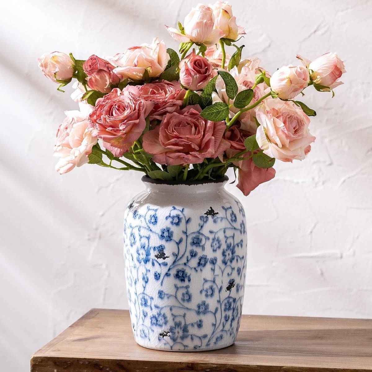 Blue and White Ceramic Vase, Vintage Rustic Ceramic Antique French