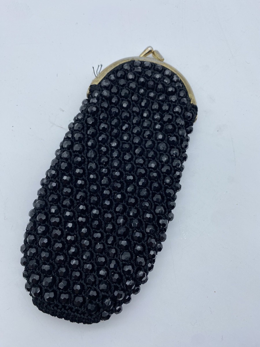 VINTAGE MOD 1960's BLACK FACETED BEADED DOUBLE COIN CHANGE PURSE