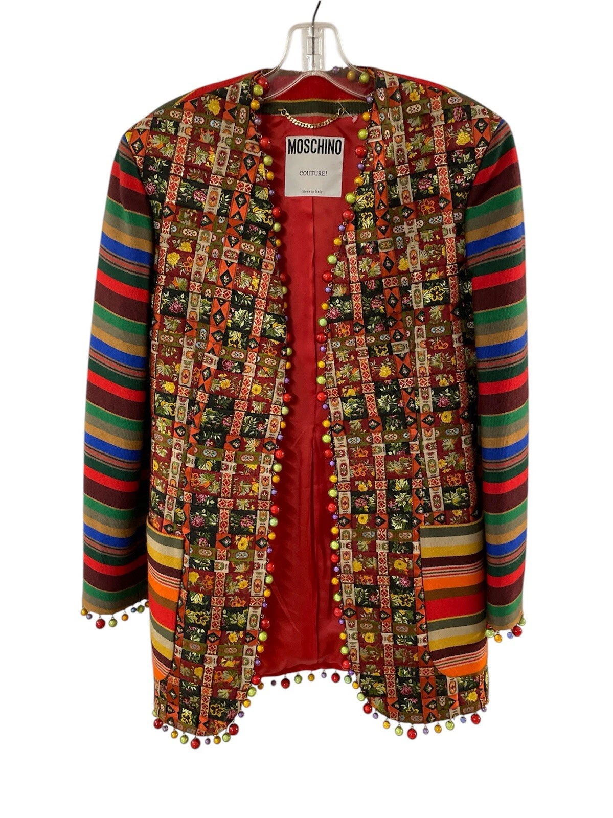 Giacca patchwork Moschino colorata con perline taglia 10