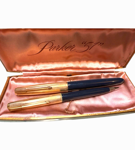 Vintage 1/10-12K G.F. PARKER 51 Fountain Pen Pencil Set Navy Blue OG Case