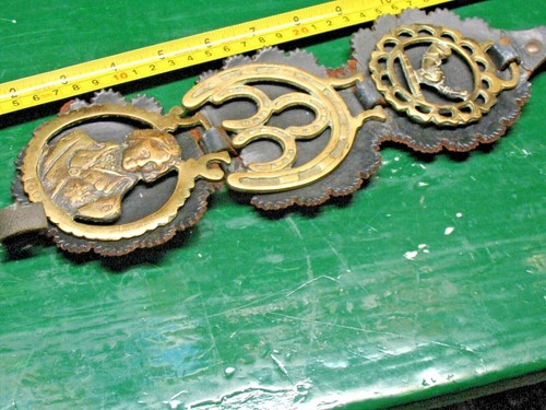 ANTIQUE  ENGLISH BRASS LEATHER  MEDALLIONS EQUESTRIAN HORSE  BRIDLE  HARNESS 