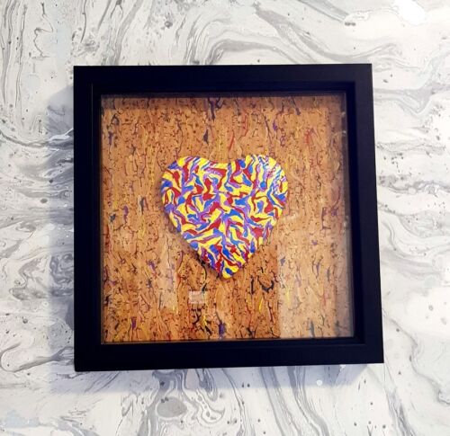 3D Multicoloured Heart Box Framed Cork Hessian Background Black Frame V14 - Picture 1 of 4