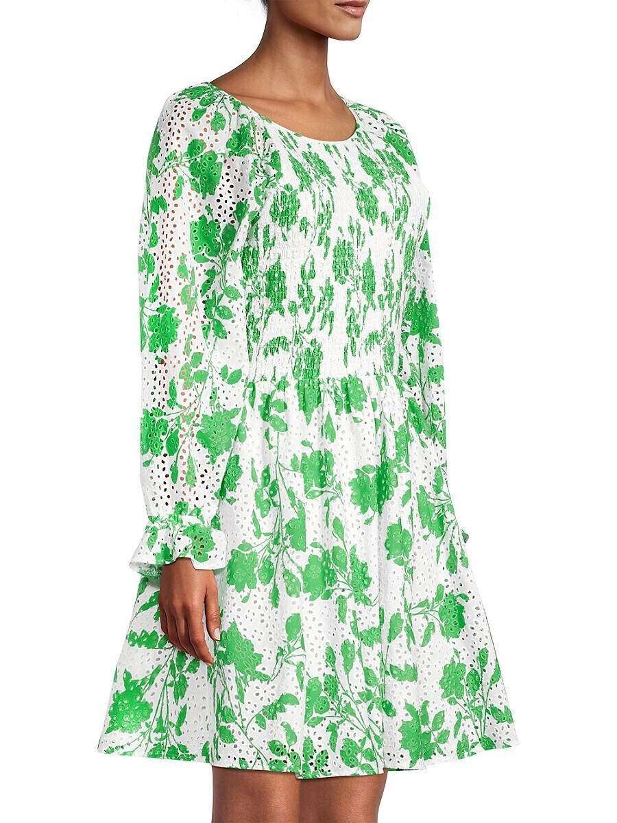 RACHEL PARCELL White Green Foliage Smocked Eyelet Long Sleeve Mini Dress M  8/10 | eBay
