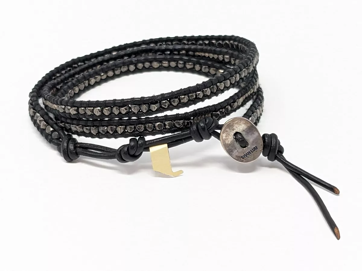 Chan Luu Wrap Bracelet Sterling Silver Nuggets Natural Black Leather