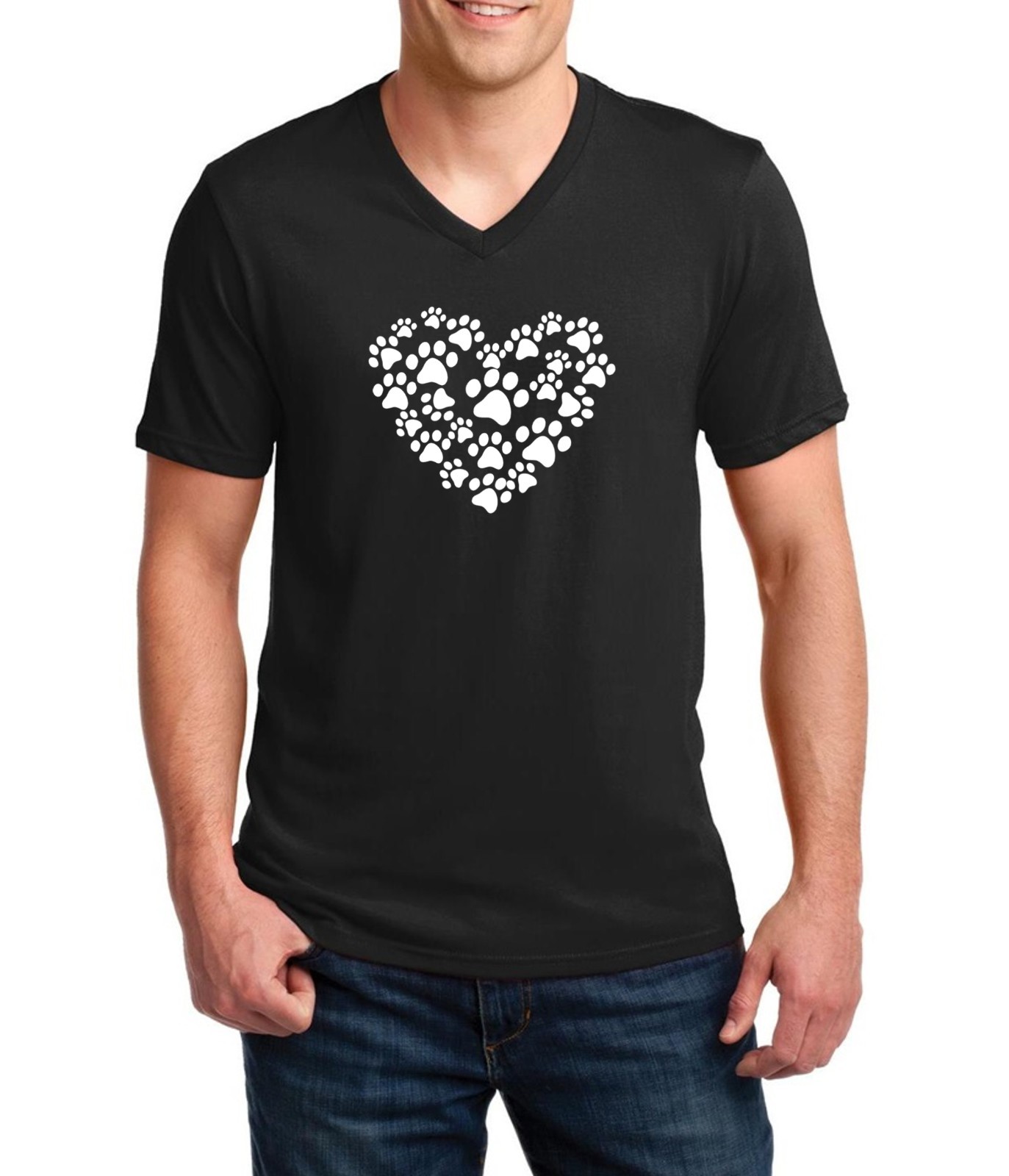 Mens V-neck Heart Paw Shirt for Men Dog Cat Lover T-Shirt Animal Lover Tee Gift
