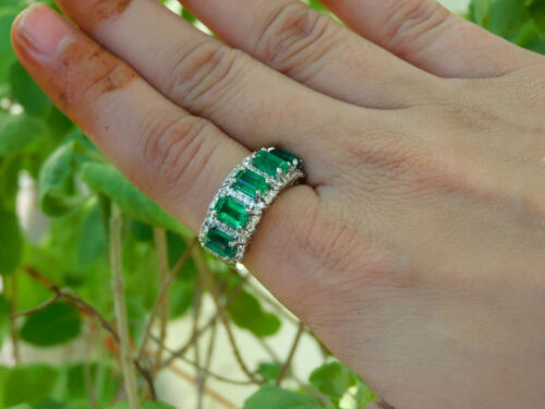 14k White Gold Christmas Ring For Girlfriend Band Lab Grown Emerald & Diamond - Picture 6 of 14