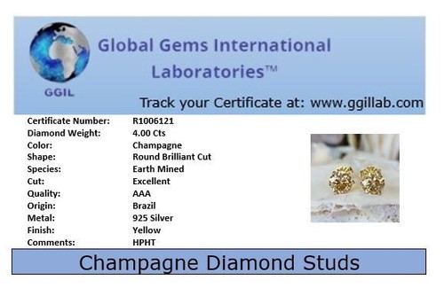 4 Ct Certified Champagne Diamond Solitaire Studs, Great Shine & Bling -VIDEO - Picture 9 of 9