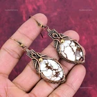Oval Wild Horse Magnesite Gemstone Copper Drop Dangle Hook Wire Wrapped Earrings