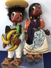 10” Vintage Handmade From Mexico Man & Woman Set Of 2 Cloth Dolls Bananas #m1