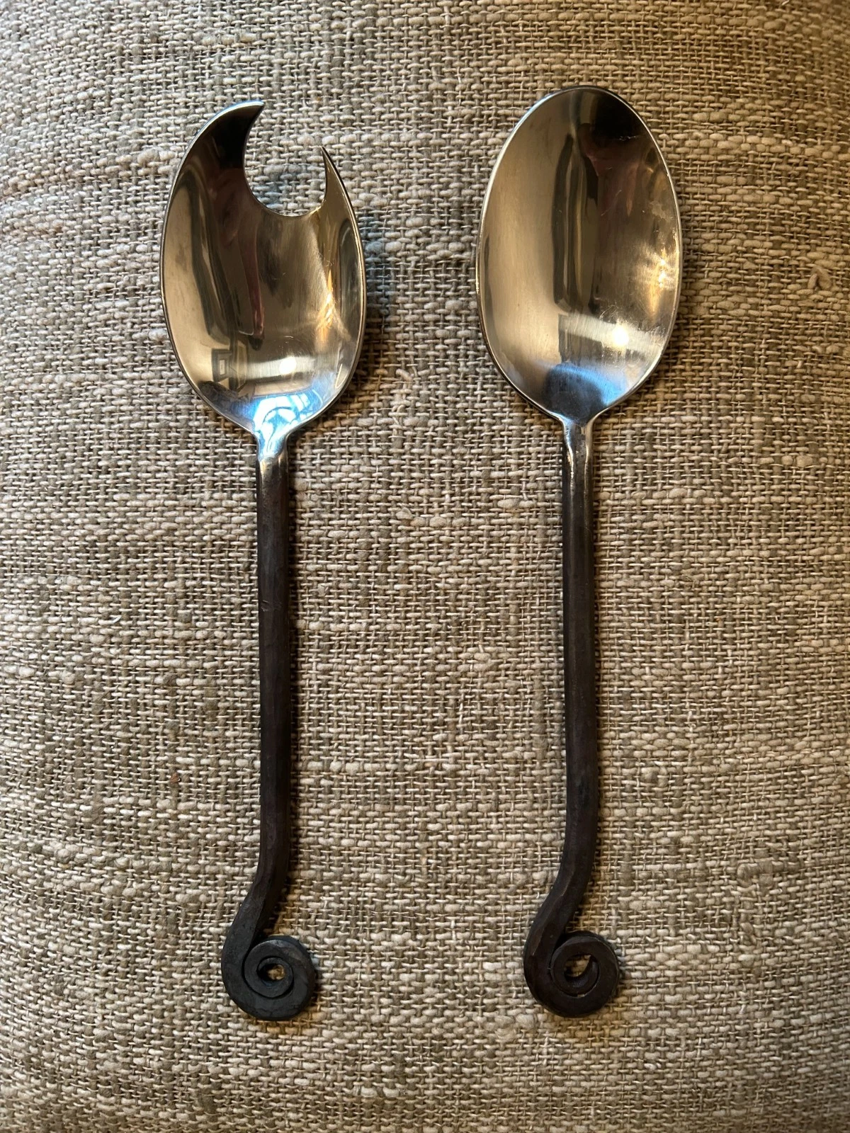 2 Vtg POTTERY BARN FIDDLEHEAD Lg Serving Spoons Black/Stainless Harry Potter 11”