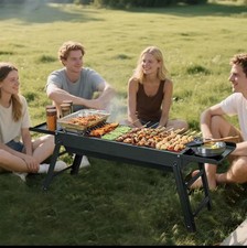 Image of Black Portable Charcoal BBQ Grill with Side Tables & Storage Shelf