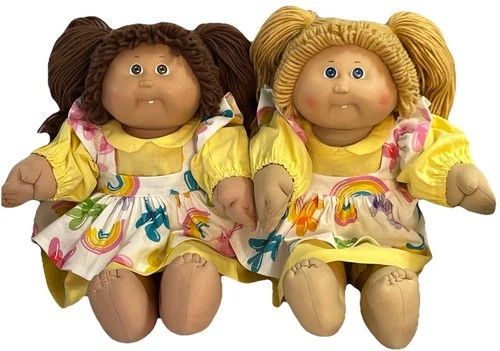 2 TOOTHIE Cabbage Patch Kids Blonde/Brunette Dimples OK Tag 1985 Blue Xavier 15”