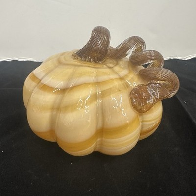 Blown Glass Fall Halloween Thanksgiving Pumpkin Swirl Curly Stem Yellow Brown 5 
