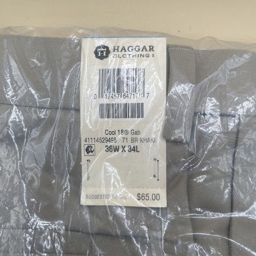 NWT Men’s Haggar Cool 18 Classic Fit Plain Flat Front Dress Pants 36x34 Khaki - Picture 3 of 3
