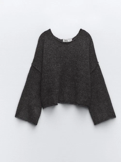 Zara Grey Wool Blend Knit Jumper Womens S Cropped Oversized Fuzzy Fluffy Sweater
