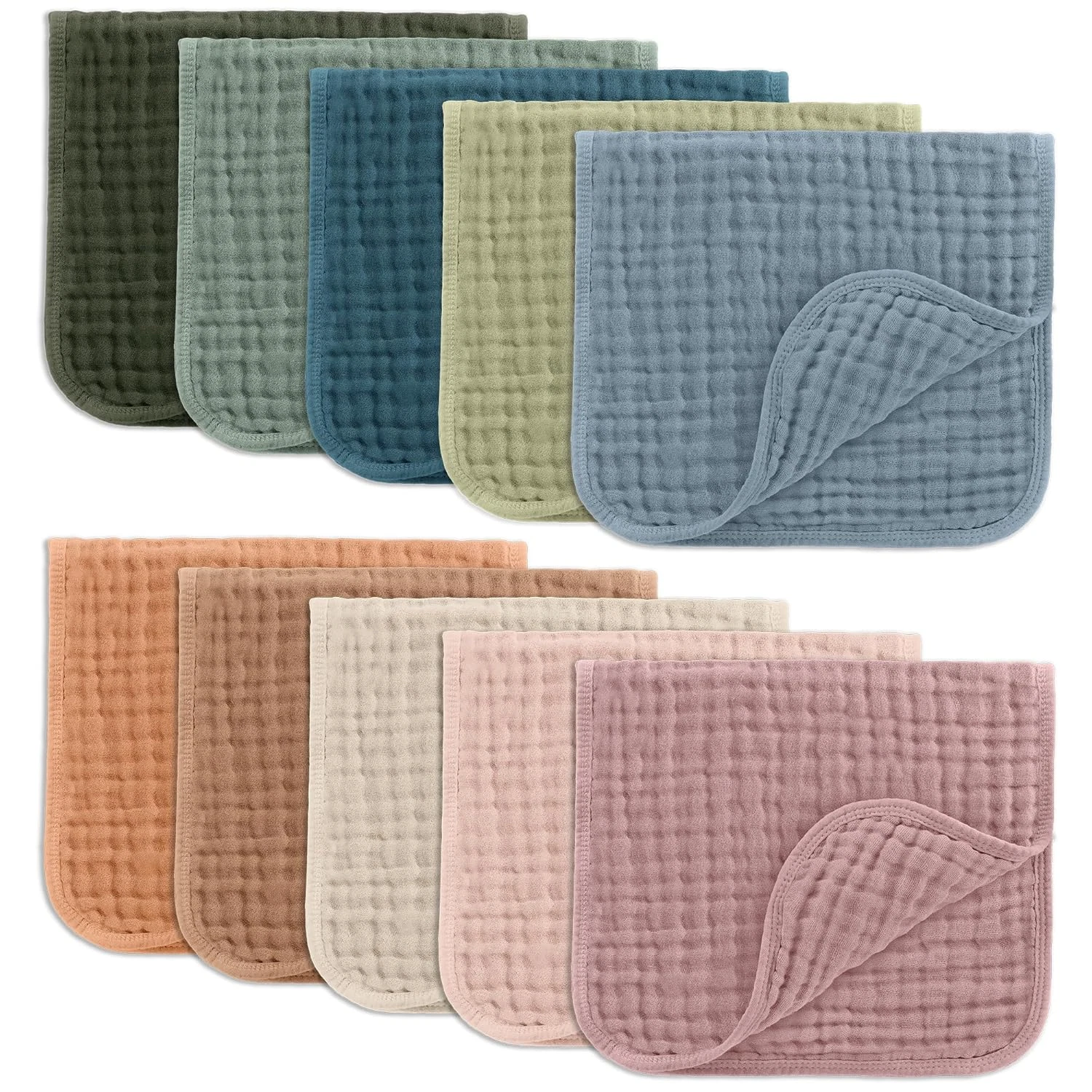Muslin Burp Cloths 20" X 10", Pack of 10 - Large, 6-Layer, Ultra Absorbent 100%