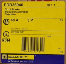 Square D EDB36040 Molded Case Circuit Breaker, 40A, 3-Pole, 600V, Bolt-On, E-Fra
