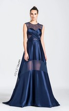 $880 Navy Satin & Sheer Illusion Bodice Gown Crisscross Floor Length sz 6 Prom