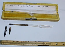 FANCY GOLD FILLED CARVED MOTHER OF PEARL QUILL DIP PEN 1900s W/OPENER BOXED