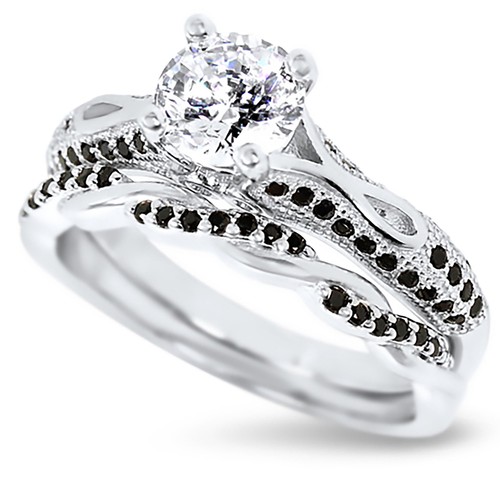 His Hers 3 Piece Trio Sterling Silver Black Wedding Band Engagement Ring Set - 第 4/5 張圖片