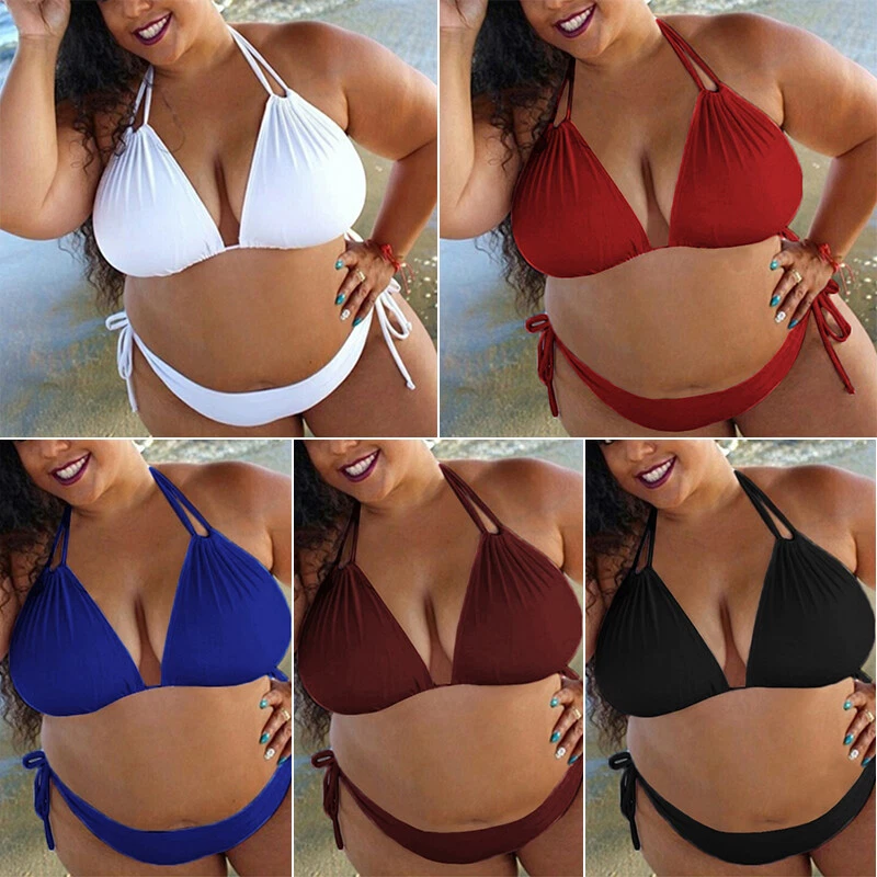 Womens Plus Size Halter Neck Push Up Bra Thong Set Swimwear Swimsuit  Beachwear