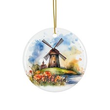 Holland Ornament, Netherlands Family Travel Gift, Windmill Tulips Ceramic Gift