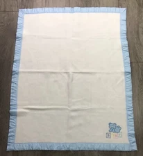 Vintage Cuddle Time Baby Blanket Blue Bear On  Blocks Baby Satin Trim 35.5”x45.5