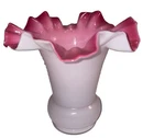 Vtg Ruffled Czechoslovakia Vase 6” Pink Opalescent Milk Glass Marked Czech