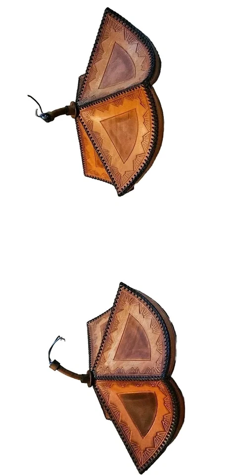 Vintage Tooled Leather Shade Hanging Pendant Light Fixture Set Of 2 Handmade  - Image 2 of 4