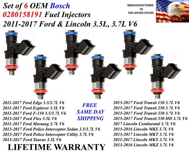 Genuine Set of 6 Bosch Fuel Injectors For 20112017 Lincoln MKX & MKZ 3